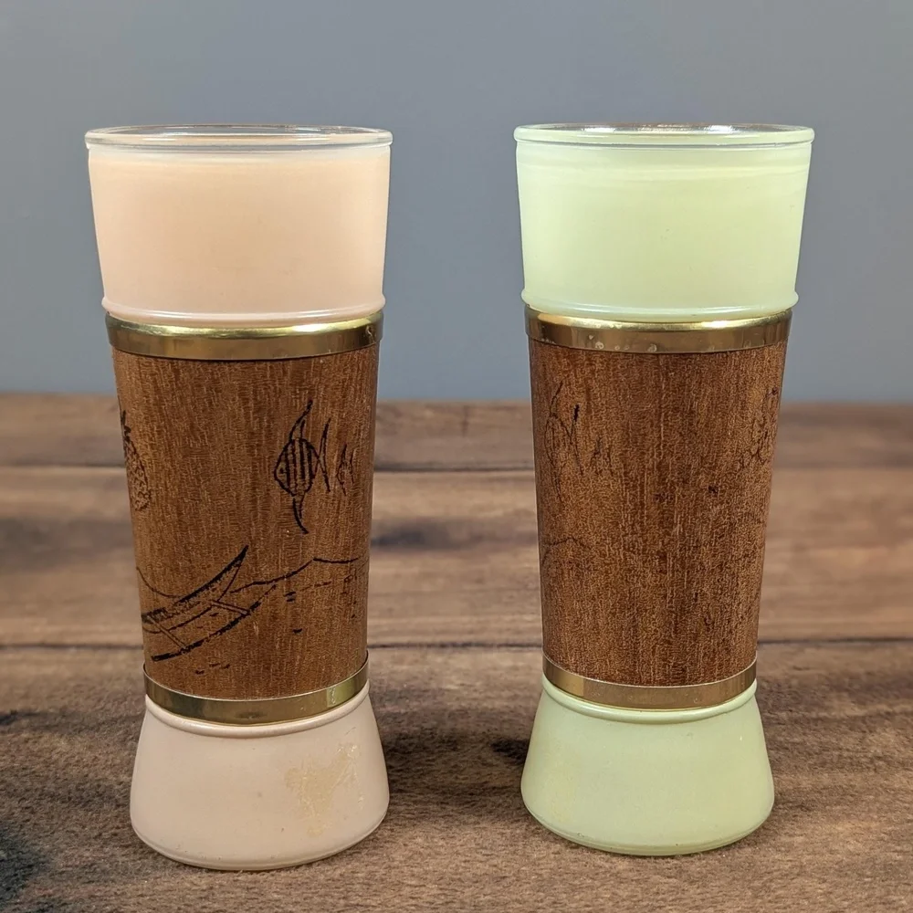 MCM Siesta Ware Drinking Glasses Set Of Four Frosted Glass Wood Accent Gold Trim